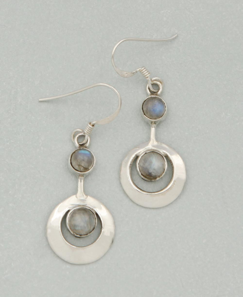Cultural Elements Sterling Silver Gemstone Kinetic Earrings with moonstone inlays, 1 inch long.