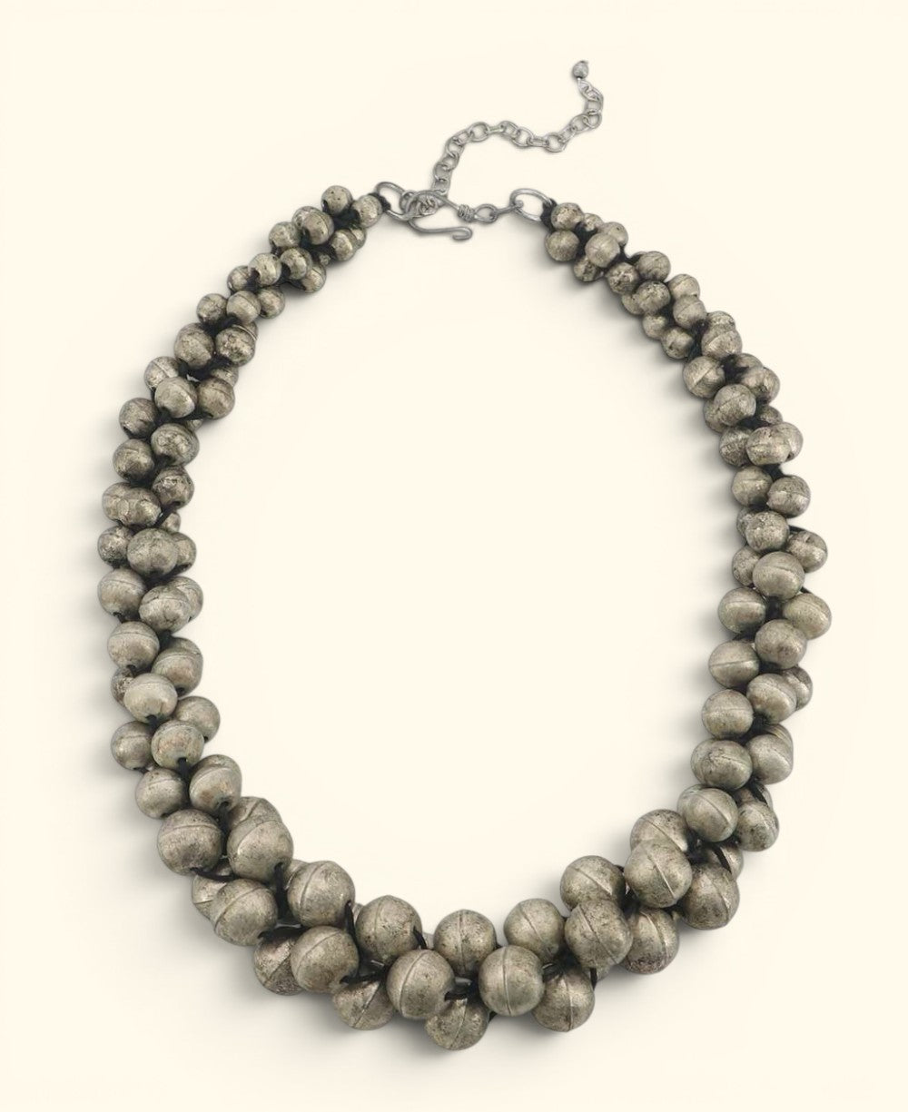 Cultural Elements antique silver-tone layered statement necklace with stacked metal beads and adjustable chain.