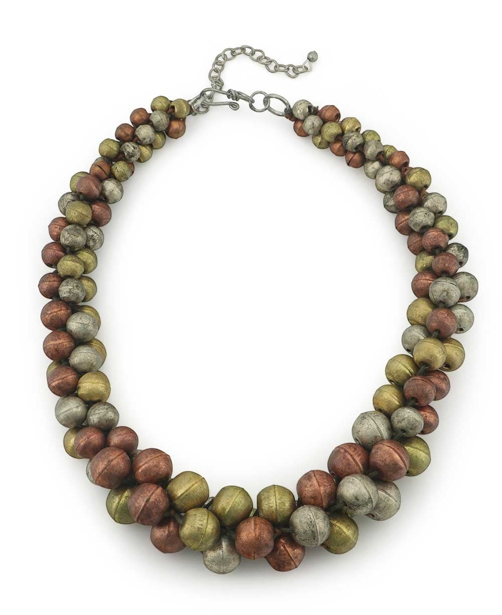 Cultural Elements mixed-tone layered statement necklace with copper, gold, and silver beads. Rustic finish, 21.5" with extender.