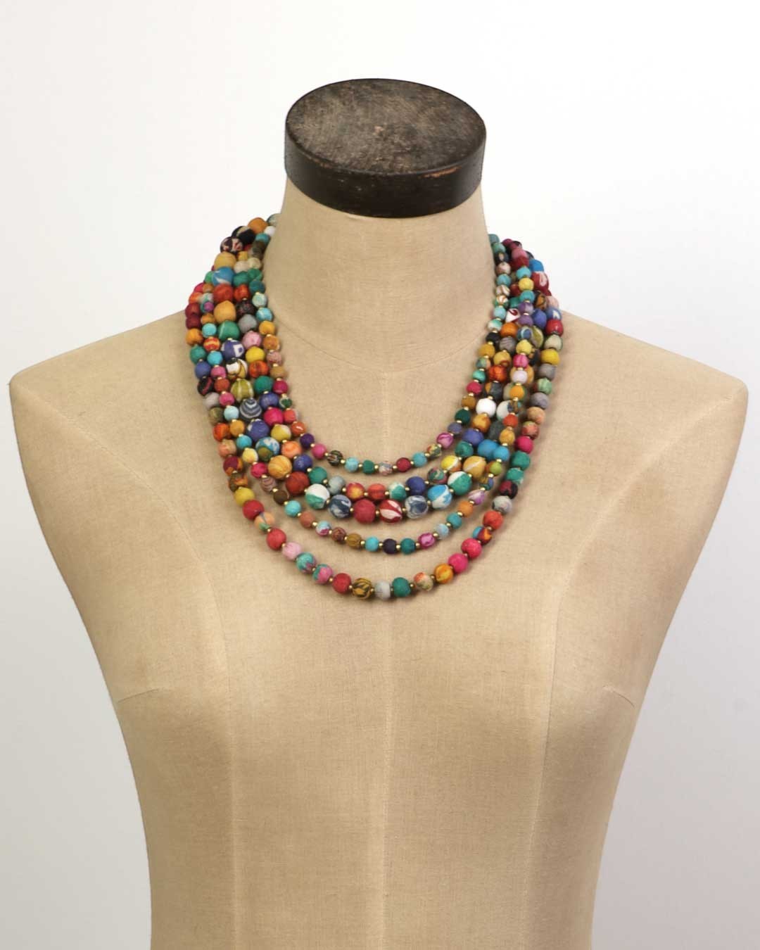 Cultural Elements multicolor five-strand Kantha layered necklace with textile beads and brass spacers.