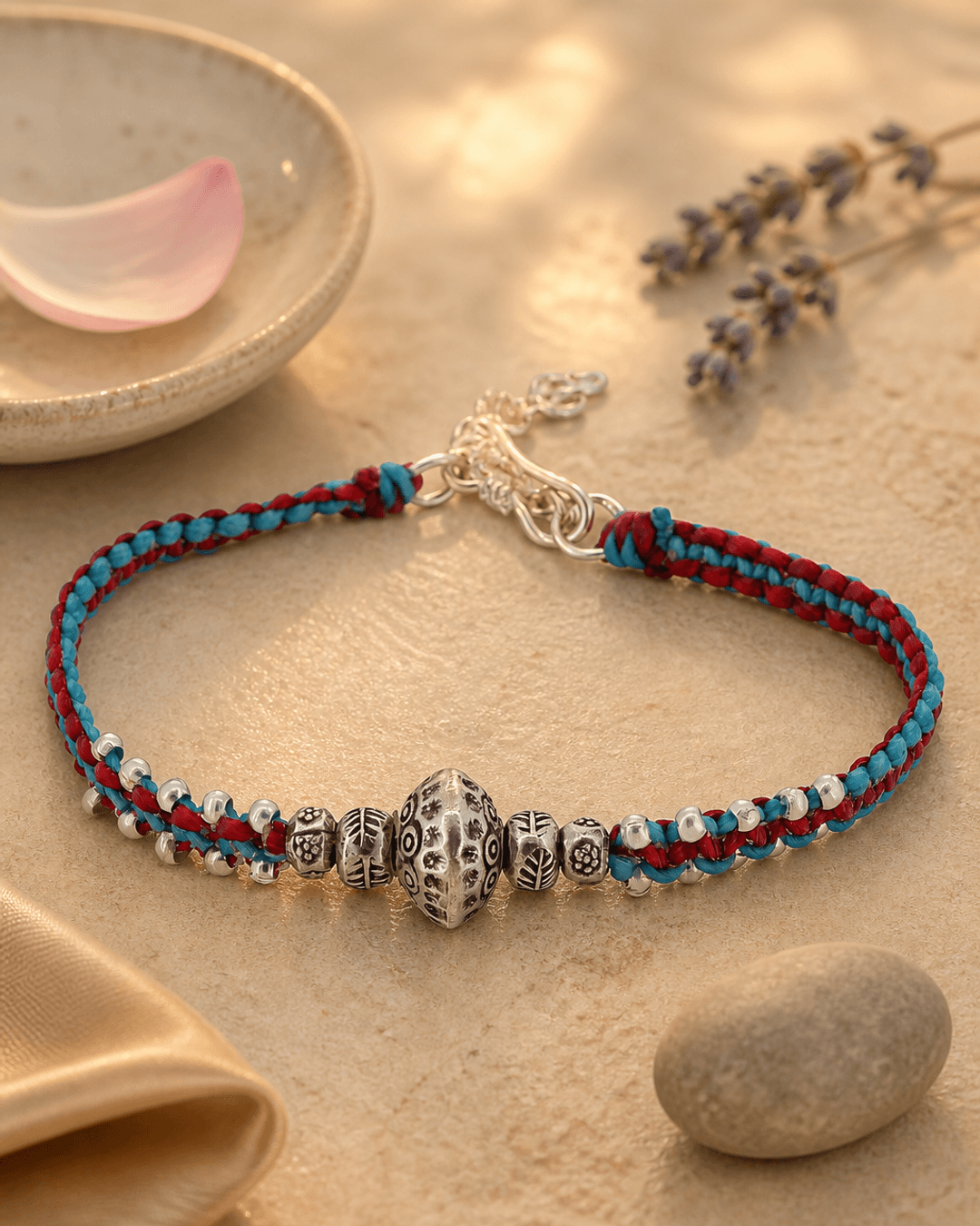 Duotone Sterling Silver Etched Bead Braided Bracelet — bracelets, vibey closeup lifestyle photo