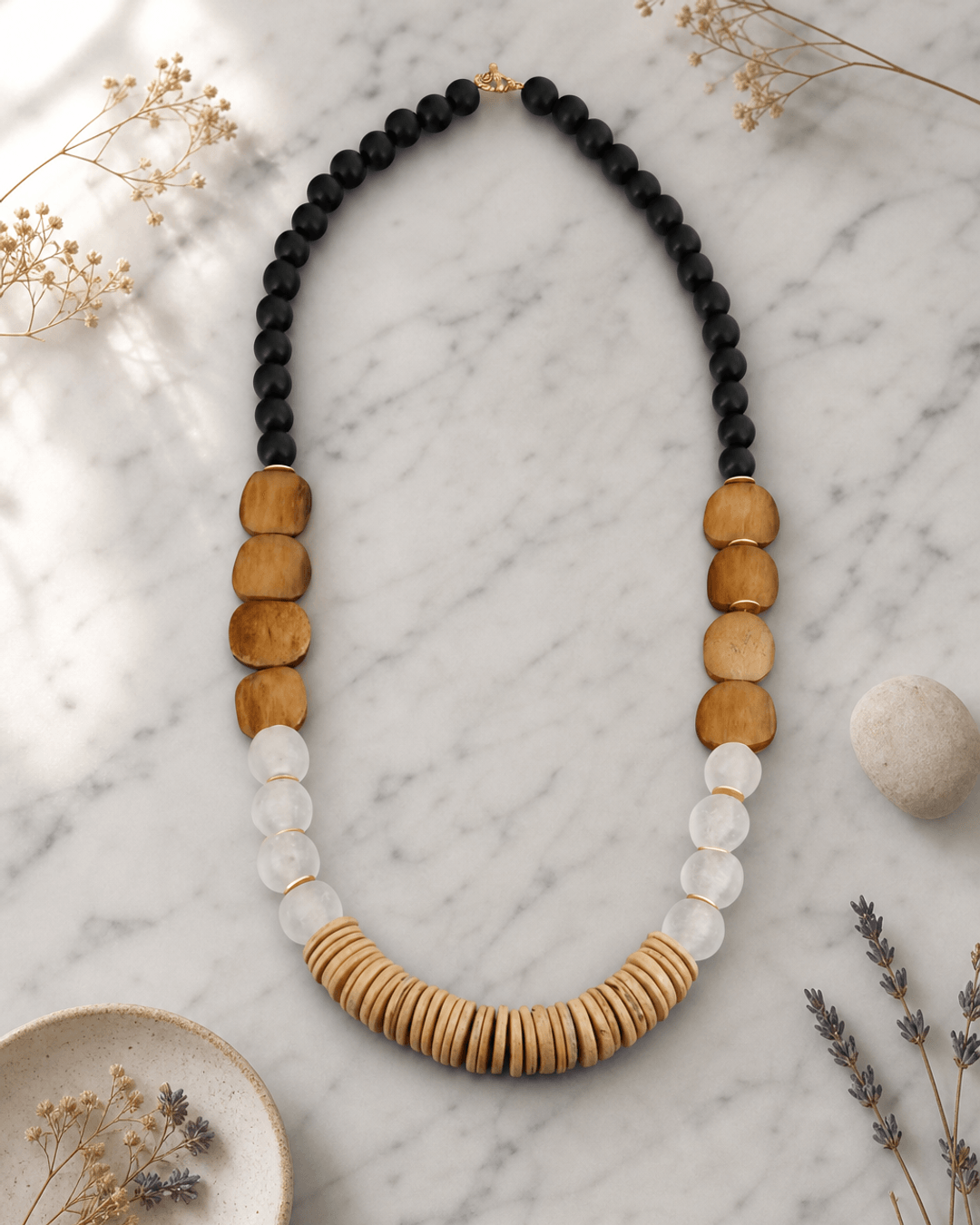 Earthform Statement Necklace – Coconut Wood, Bone & Recycled Glass — necklaces, editorial marble lifestyle photo