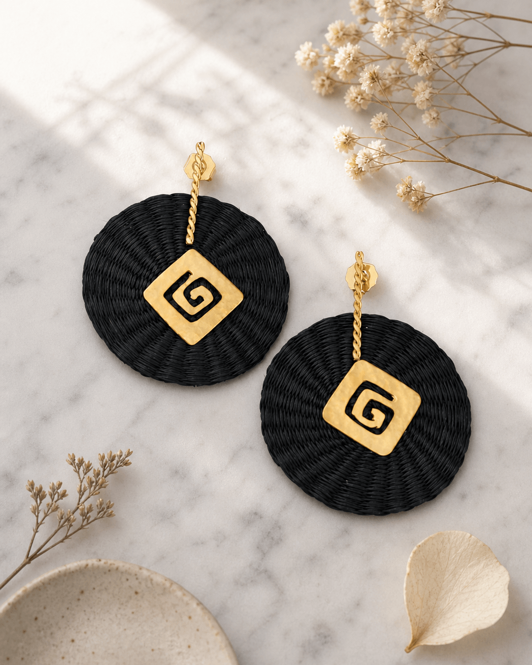 Emblem Colombian Artisanal Iraca Palm Earrings — earrings, editorial marble lifestyle photo