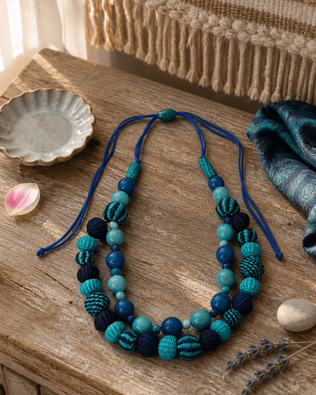 Fair Trade Acai Beads and Iraca Hand-woven Sea Tones Necklace, Colombia — necklaces, editorial wood lifestyle photo