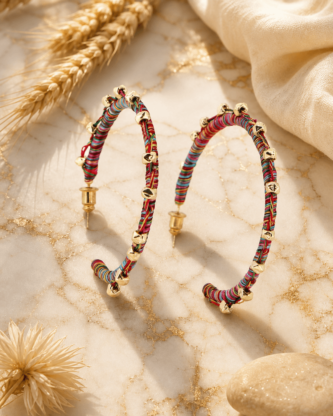 Fairtrade Threaded Hoop Earrings — earrings, editorial marble warm lifestyle photo