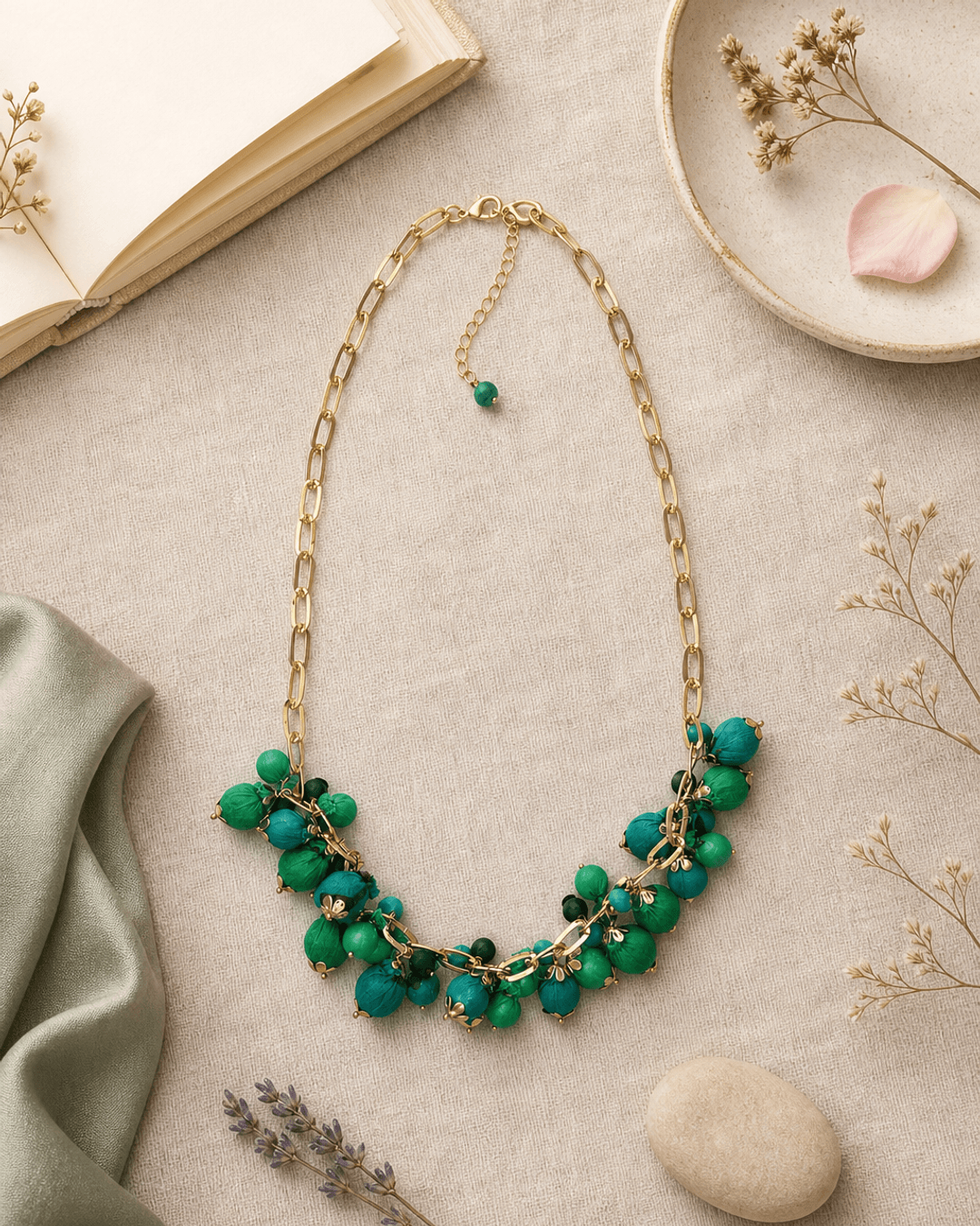 Green Textile Beaded Necklace — necklaces, flatlay linen lifestyle photo