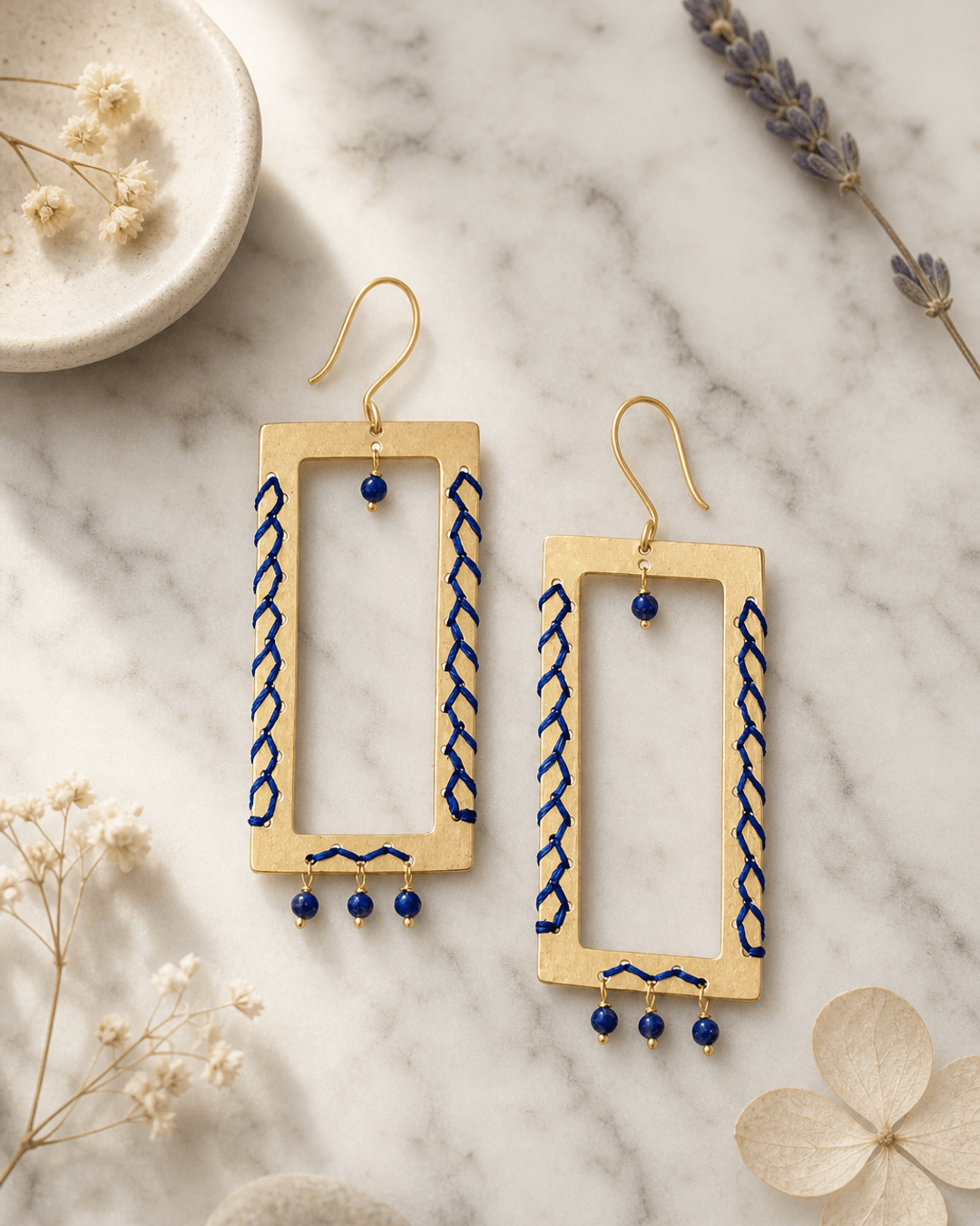 Geometric Brass Earrings with Lapis Beads — earrings, editorial marble lifestyle photo