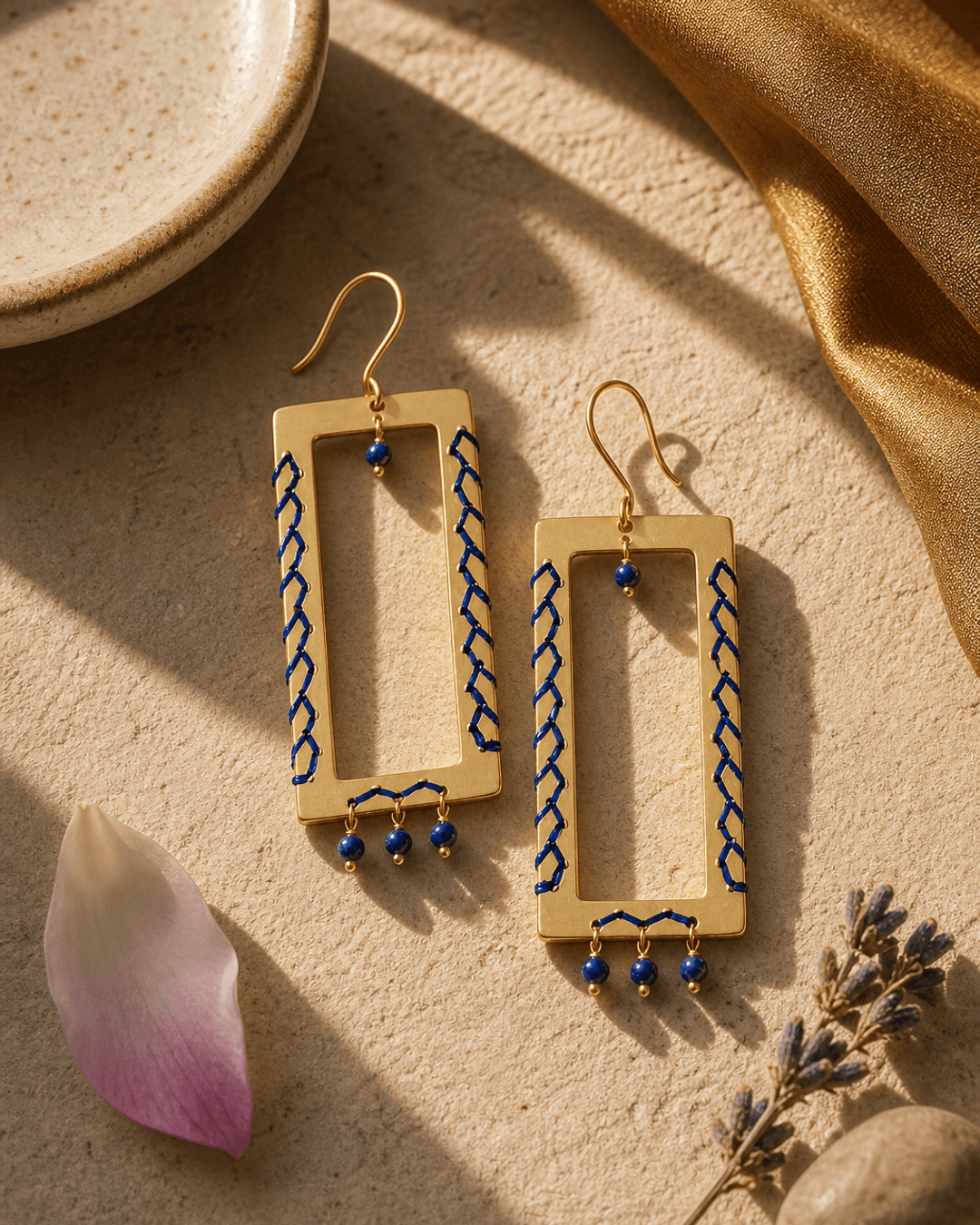Geometric Brass Earrings with Lapis Beads — earrings, vibey shadow lifestyle photo