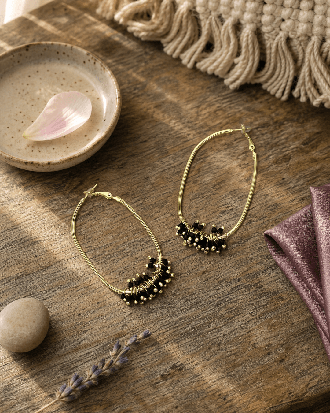 Gold-Plated Brass Hoop Earrings with Black Glass Beads — earrings, editorial wood lifestyle photo