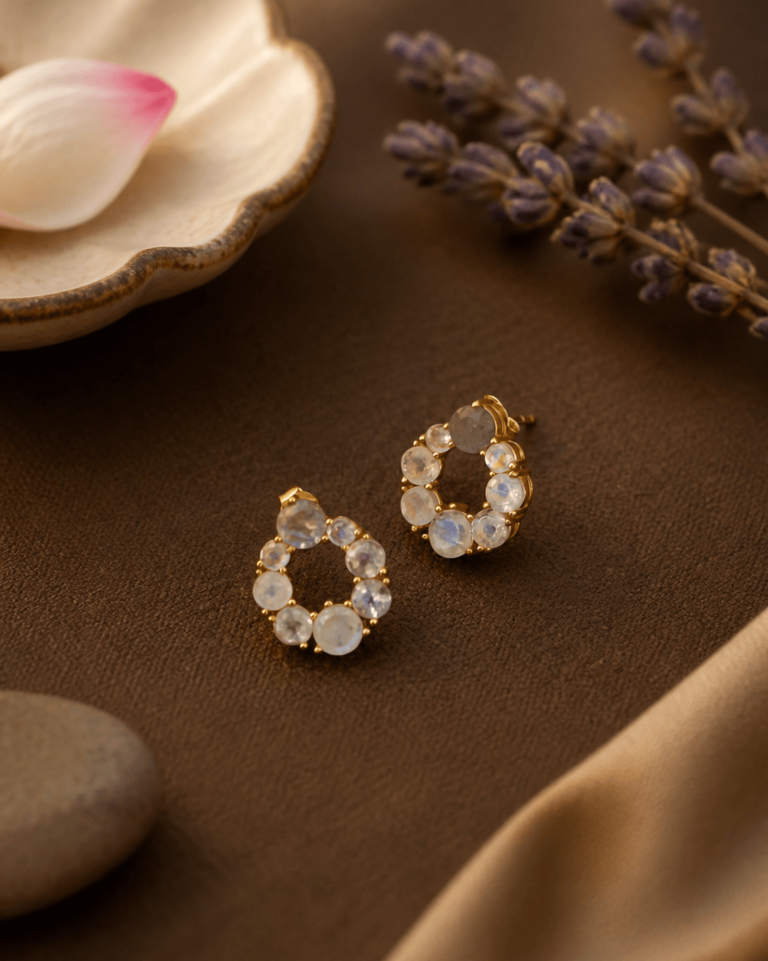 Gold Plated Moonstone Stud Earrings with Labradorite — earrings, vibey closeup lifestyle photo