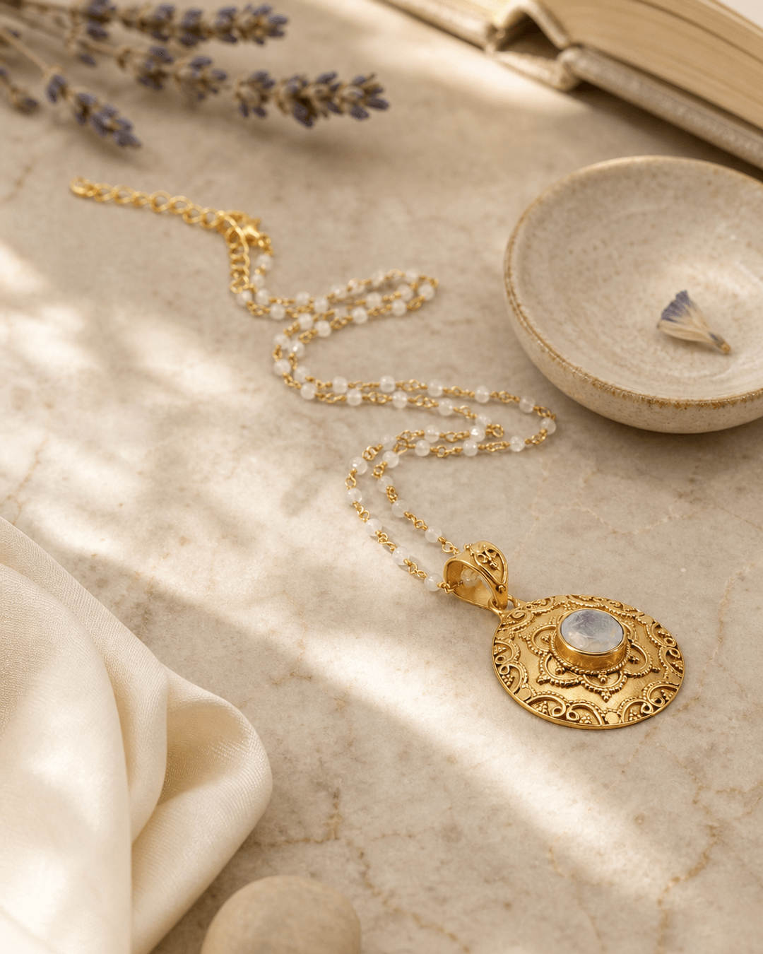 Gold Plated Rainbow Moonstone Floral Necklace — necklaces, lifestyle vanity lifestyle photo