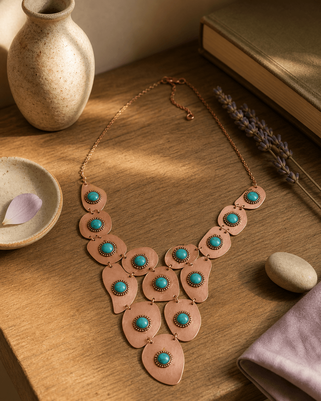 Gold-Tone Copper Necklace with Turquoise Polymer Clay Beads — necklaces, sunlit shelf lifestyle photo