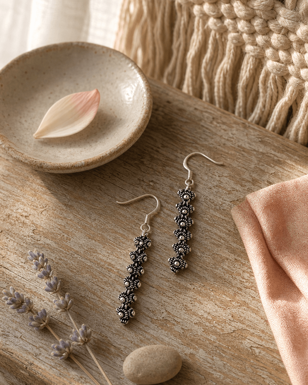 Hill Tribe Silver Detailed Floral Beaded Small Dangle Earrings, Laos — earrings, editorial wood lifestyle photo
