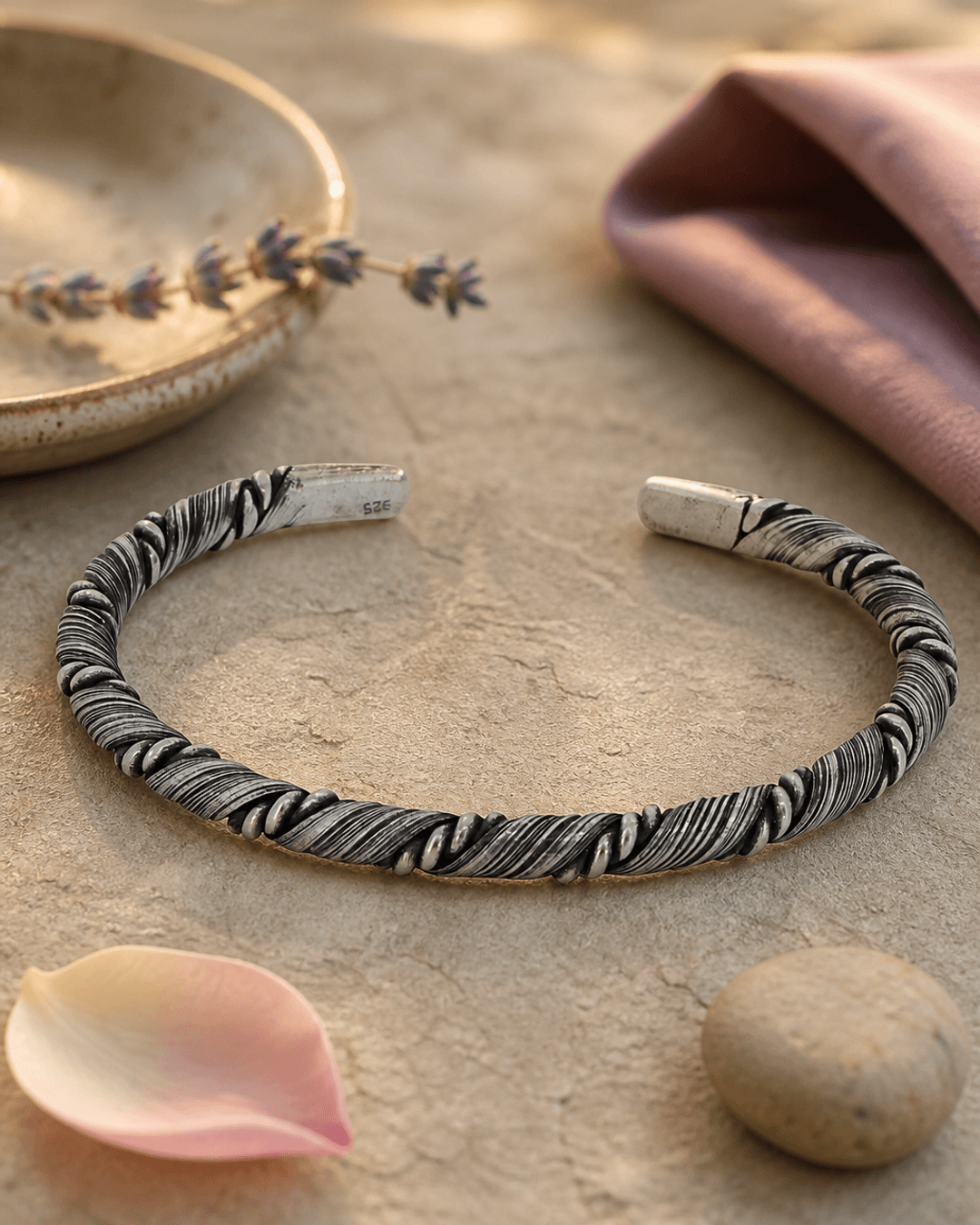 Hilltribe Sterling Silver Etched Rope-Wrapped Adjustable Cuff Bracelet — bracelets, vibey closeup lifestyle photo