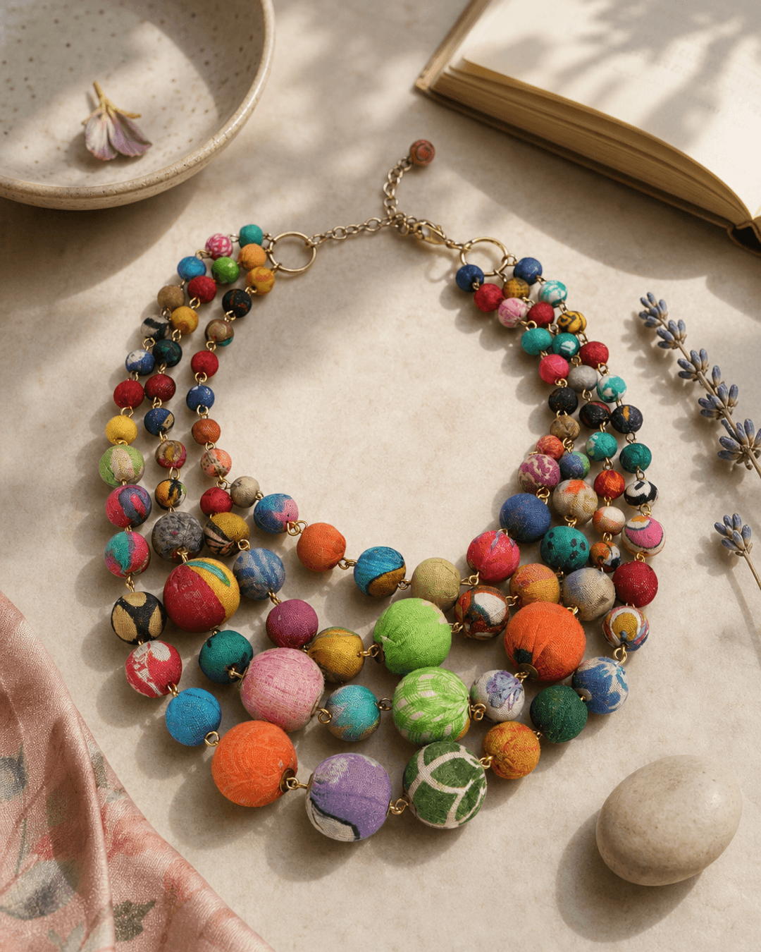 Kantha Multi-Strand Textile Wrapped Statement Necklace — necklaces, lifestyle vanity lifestyle photo