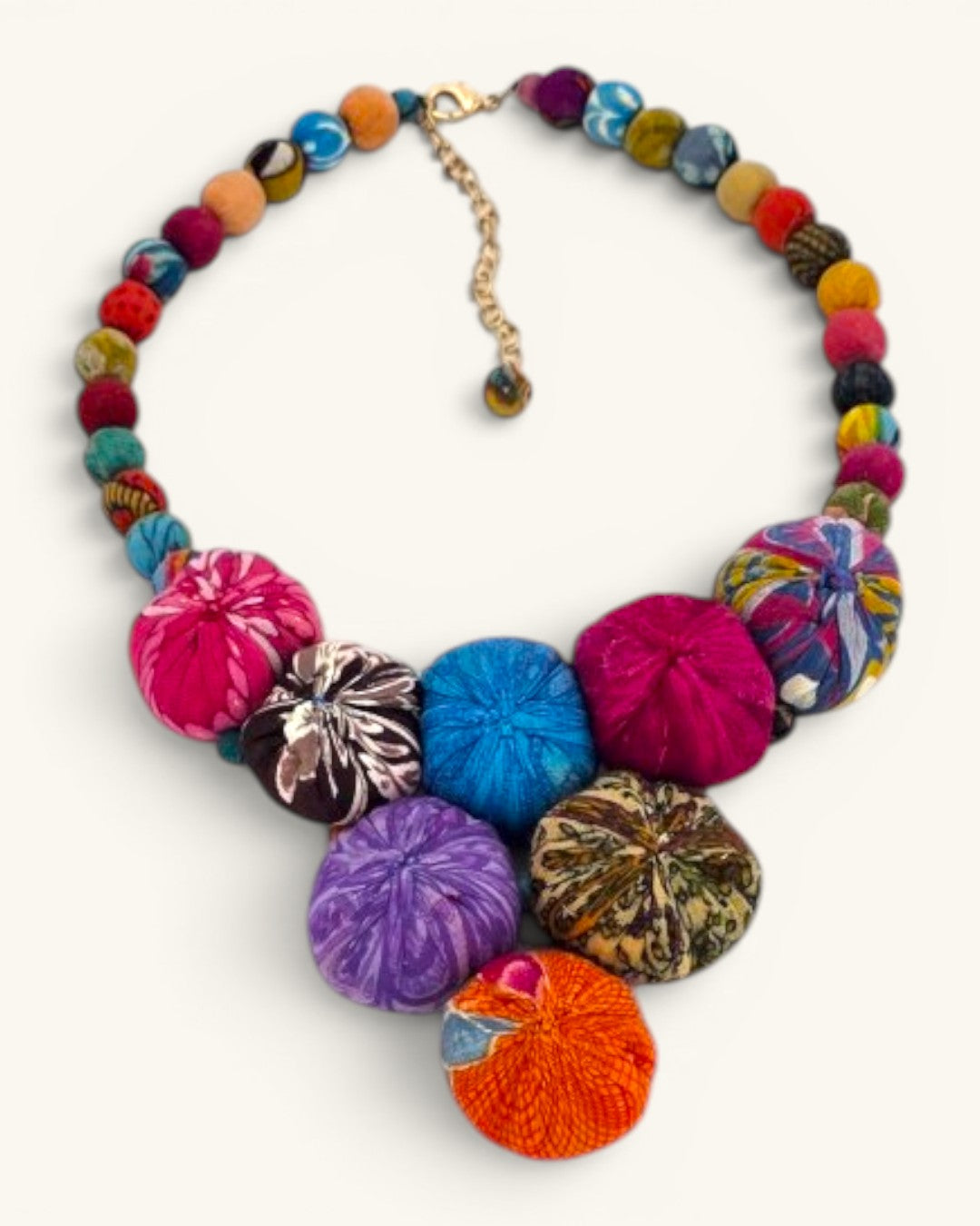 Kantha recycled textile layered bead necklace front view on white background, highlighting clustered fabric medallion pendant in multicolor patterns