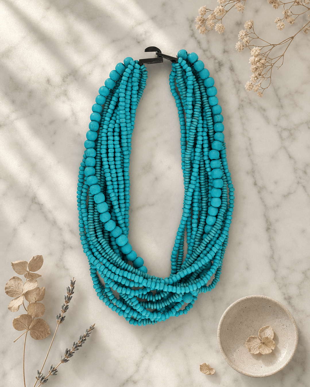 Light Blue Tones Multi-Layer Wood Beaded Necklace — necklaces, editorial marble lifestyle photo