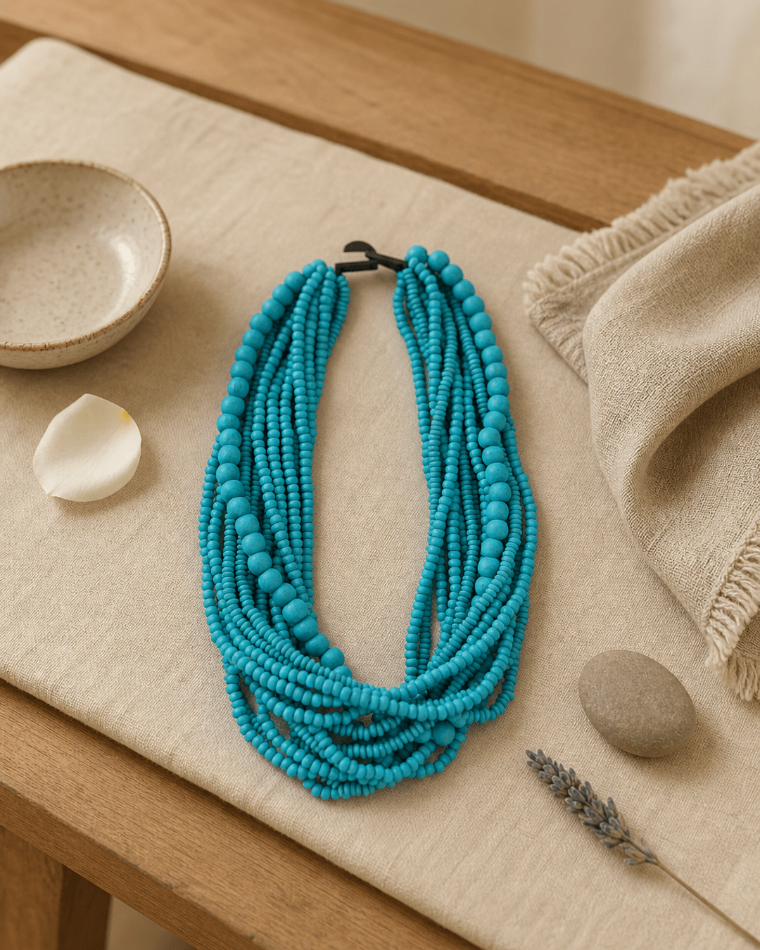 Light Blue Tones Multi-Layer Wood Beaded Necklace — necklaces, meditation corner lifestyle photo