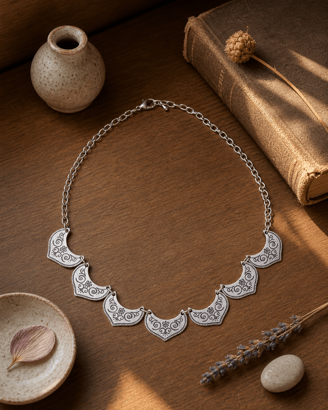 Lotus Petal Link Statement Necklace — necklaces, sunlit shelf lifestyle photo