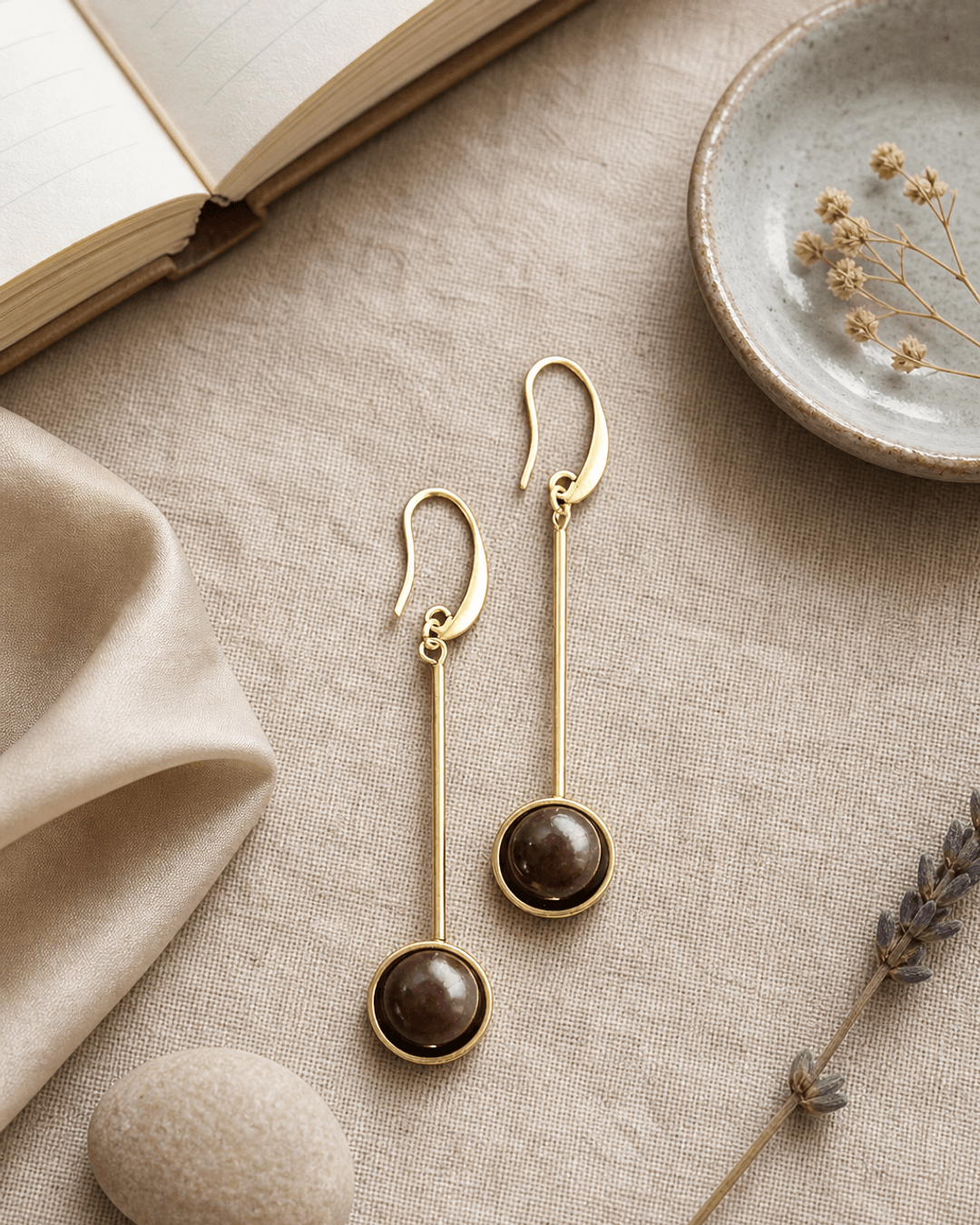 Modern Agate Drop Earrings in Sculptural Brass — earrings, flatlay linen lifestyle photo