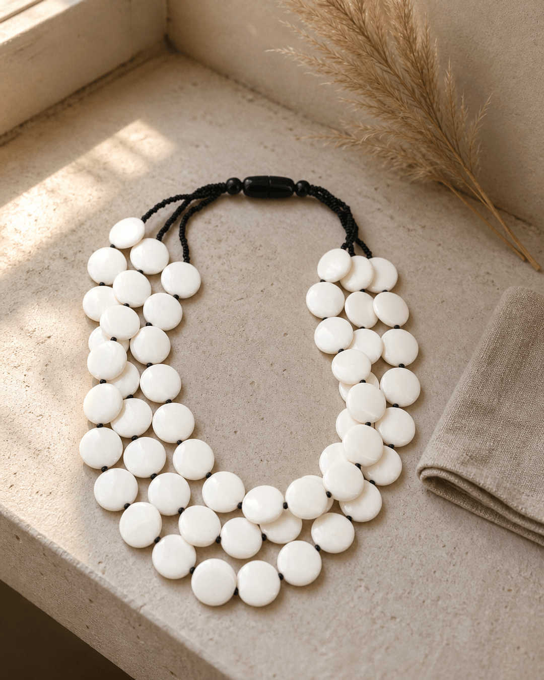 Modern Tibetan White Resin Disc Necklace — necklaces, outdoor sunlit window ledge lifestyle photo