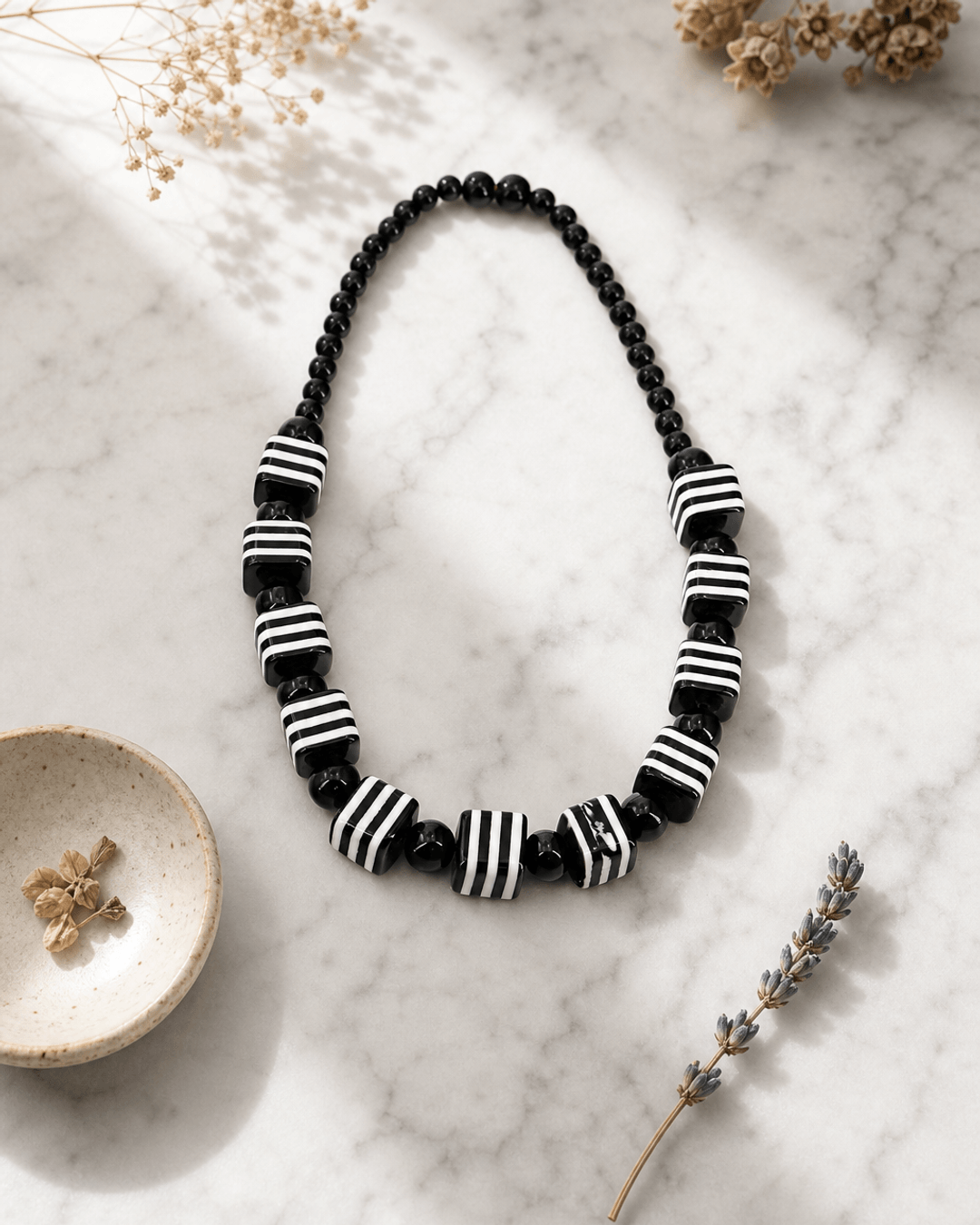 Monochrome Resin Bead Necklace — necklaces, editorial marble lifestyle photo