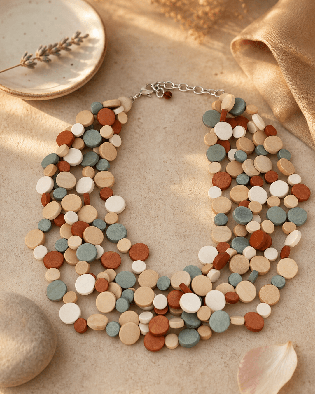 Calming Multi Layer Wood Disc Necklace — necklaces, vibey closeup lifestyle photo