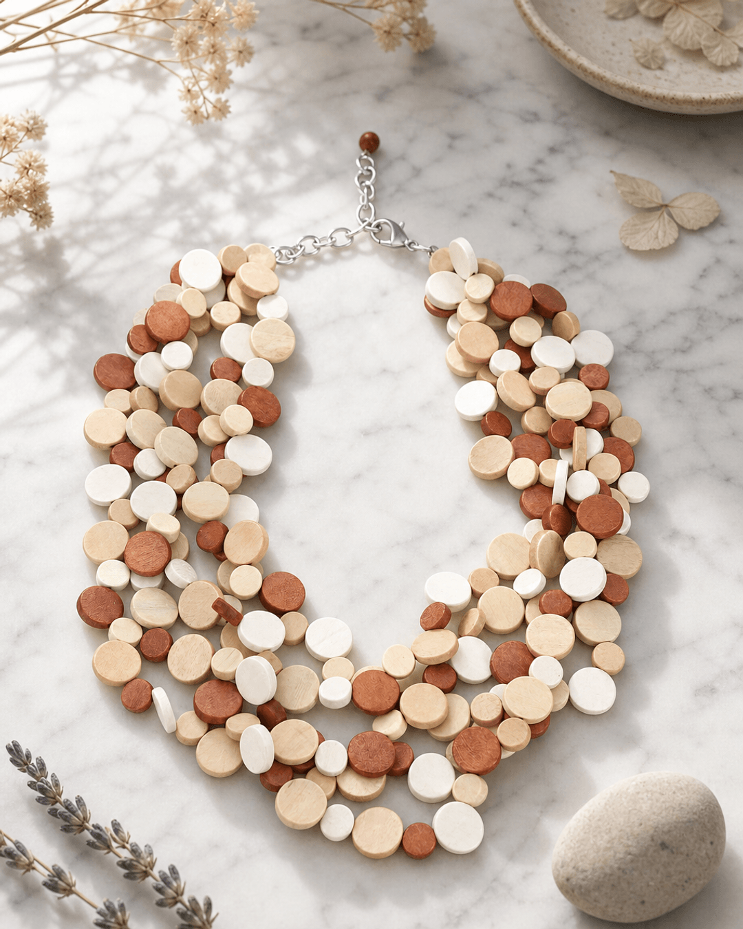 Earthy Multi Layer Necklace — necklaces, editorial marble lifestyle photo