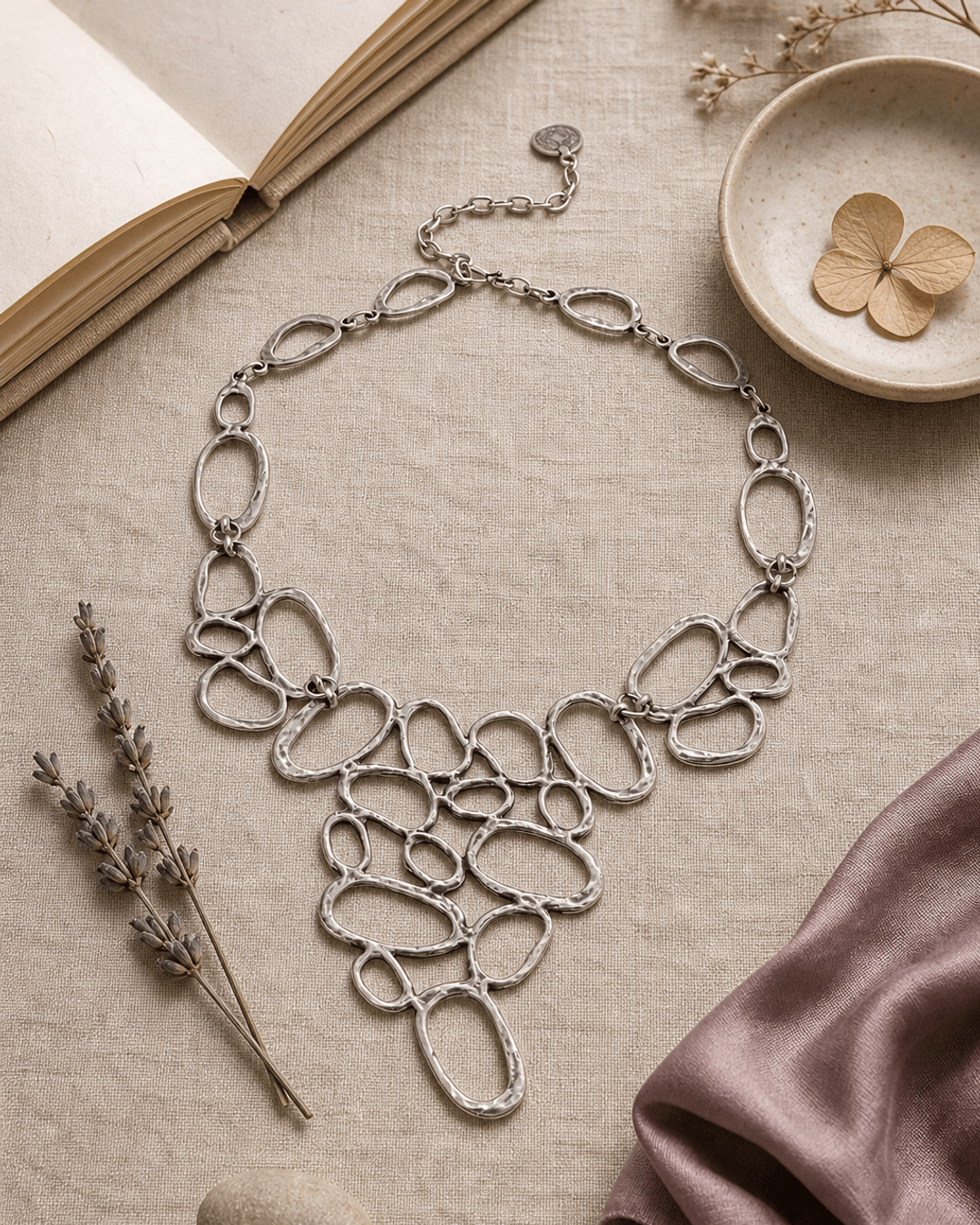 Organic Ovals Statement Necklace — necklaces, flatlay linen lifestyle photo