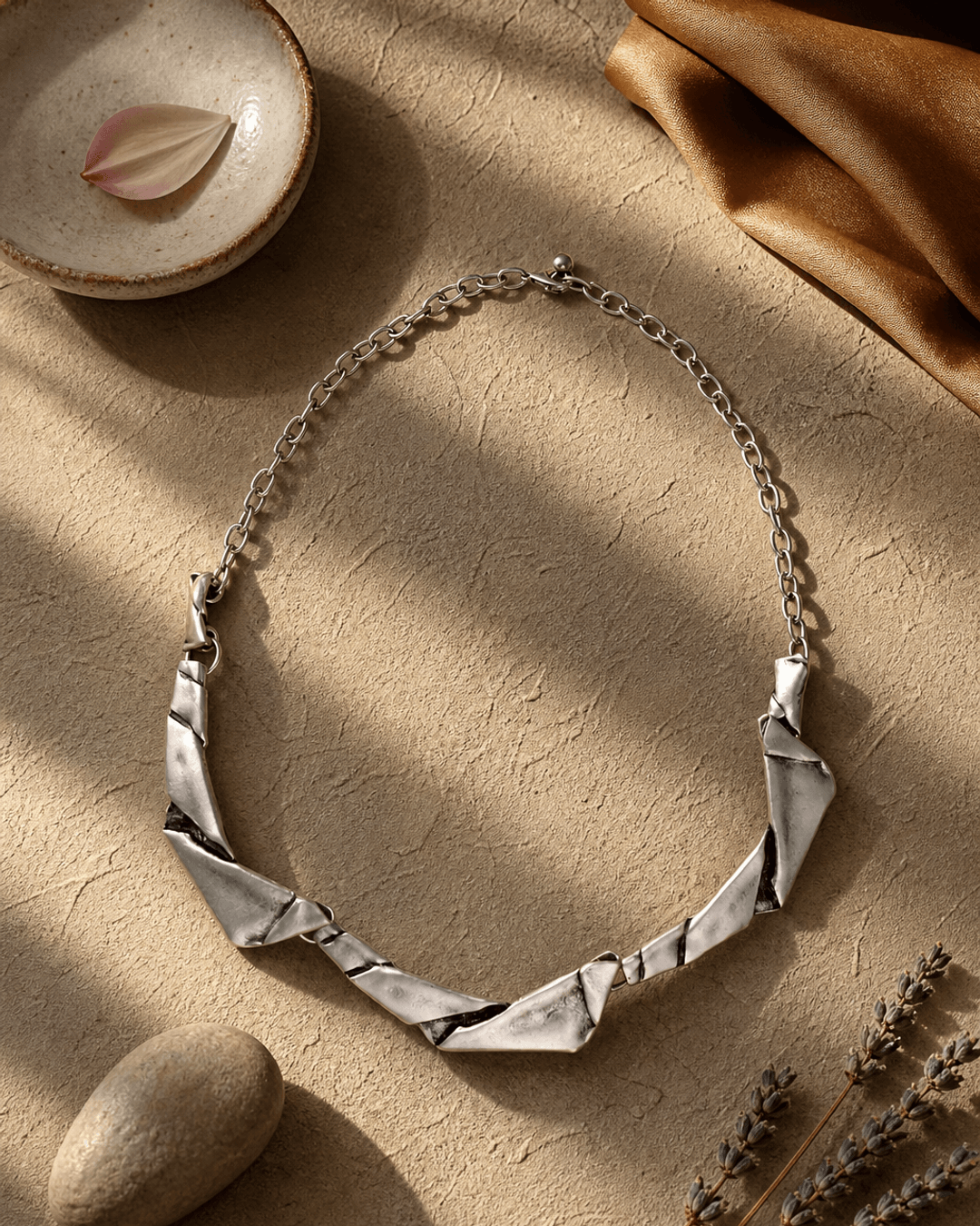 Paper Curl Design Metal Necklace — necklaces, vibey shadow lifestyle photo