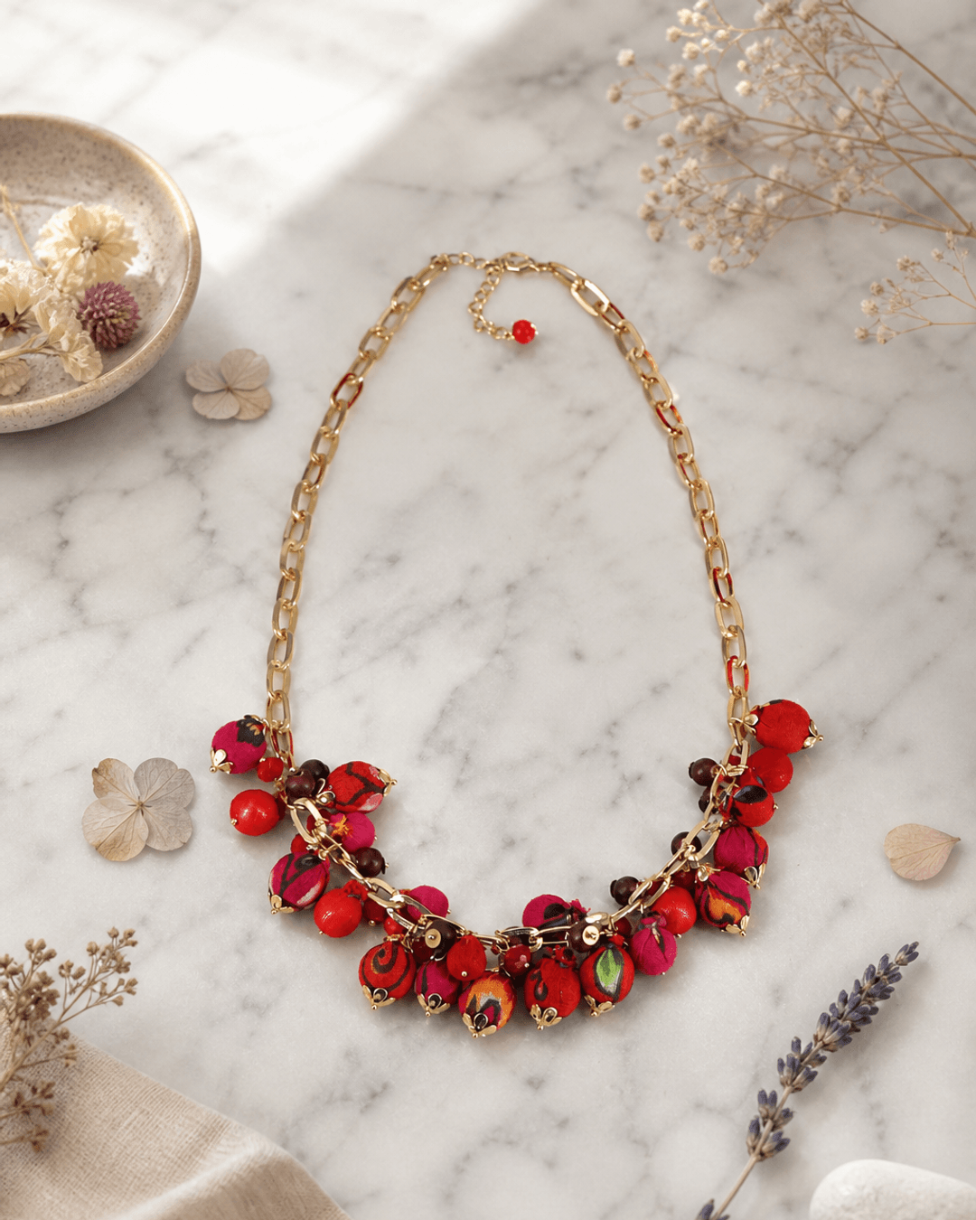 Passion Textile Beaded Necklace — necklaces, editorial marble lifestyle photo