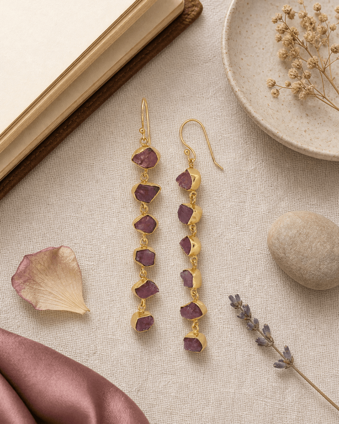 Raw Pink Tourmaline Dangle Earrings — earrings, flatlay linen lifestyle photo