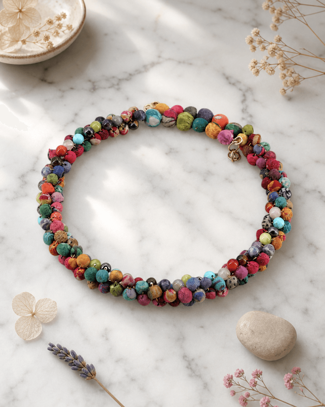 Recycled Textile & Gemstone Beaded Collar Necklace — necklaces, editorial marble lifestyle photo