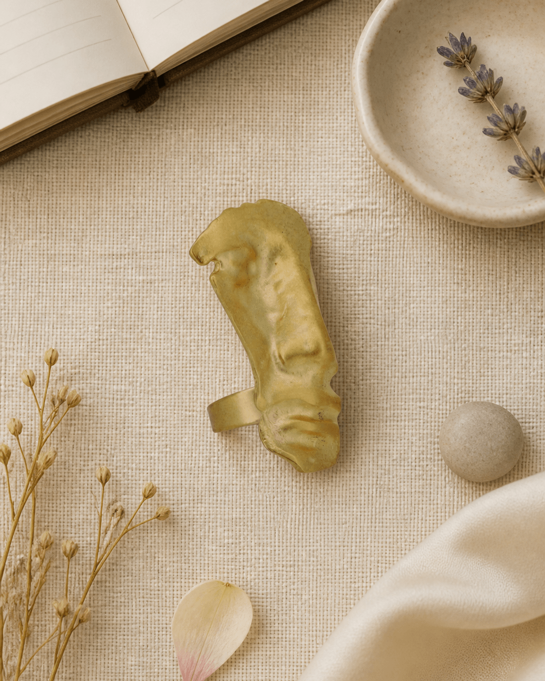 Sculptural Face Statement Ring — rings, flatlay linen lifestyle photo