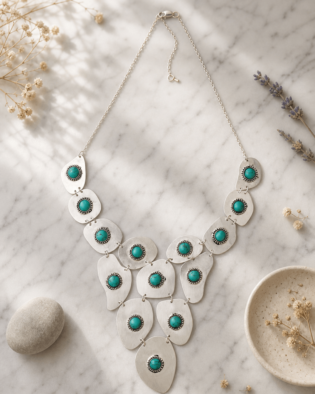 Silver-Plated Necklace with Turquoise Polymer Clay Beads — necklaces, editorial marble lifestyle photo
