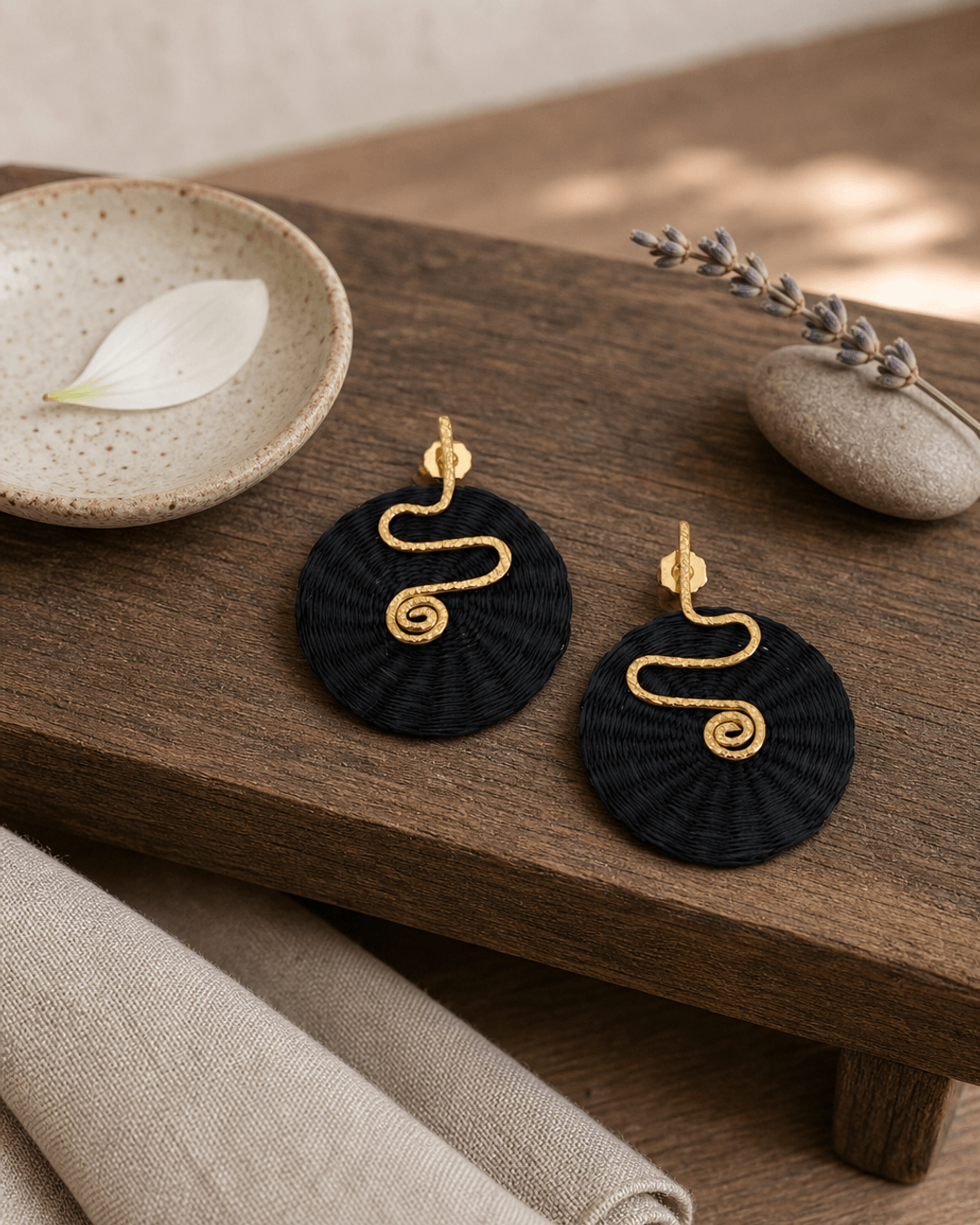 Spiral Colombian Artisanal Iraca Palm Earrings — earrings, meditation corner lifestyle photo