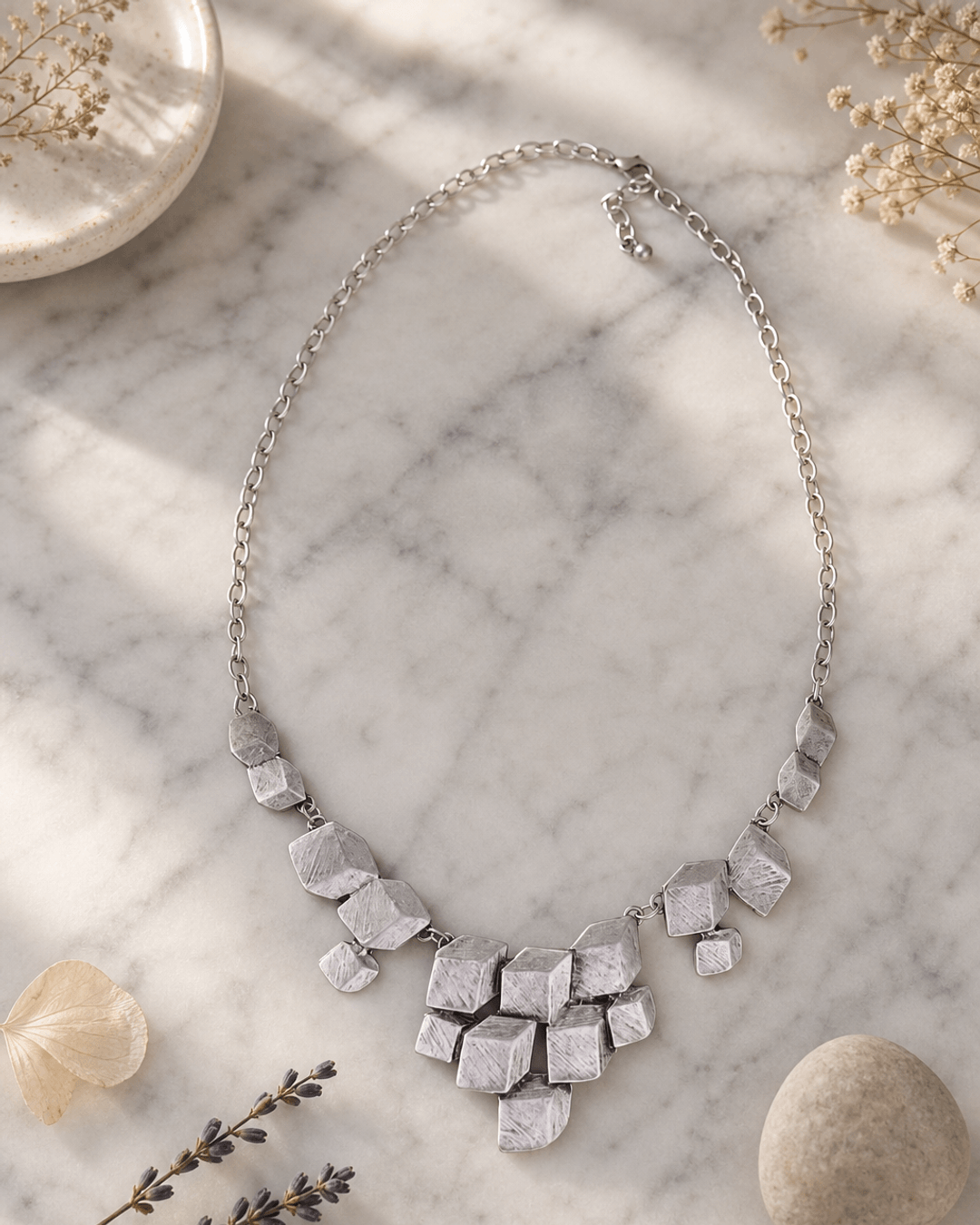 Stacked Cube Design Artistic Statement Necklace — necklaces, editorial marble lifestyle photo