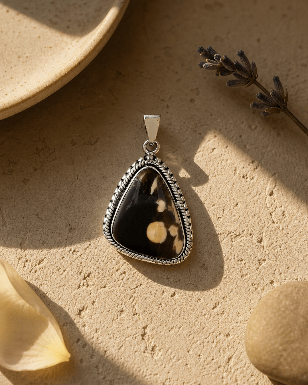 Sterling Silver Peanut Wood Jasper Pendant - Unique Fluid Organic Triangle — charms & pendants, vibey shadow lifestyle photo
