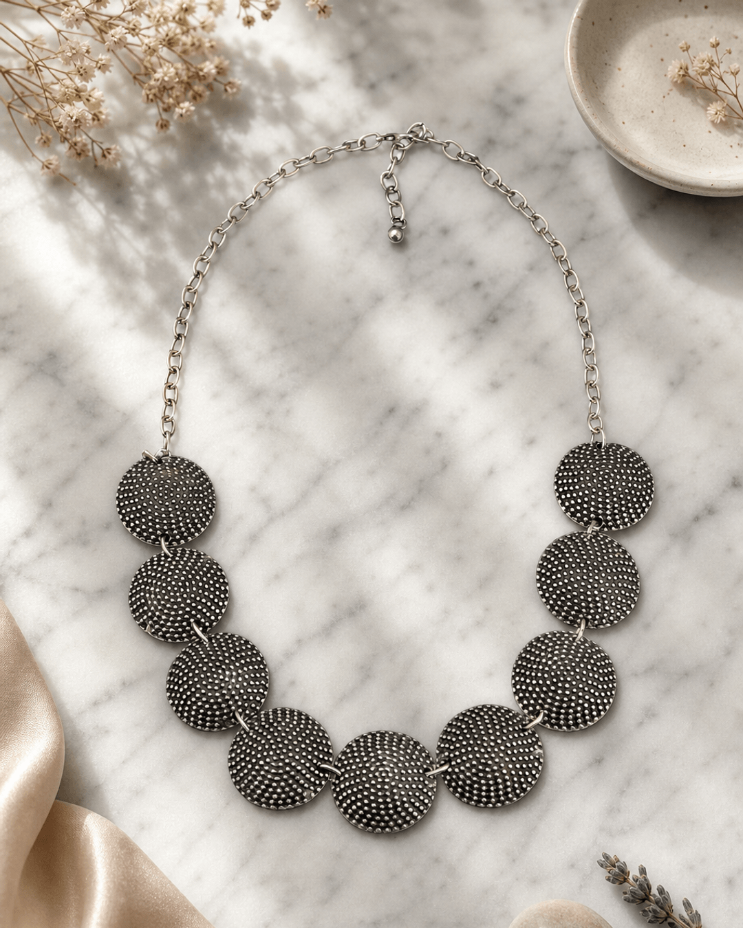 Textured Dome Disc Necklace — necklaces, editorial marble lifestyle photo