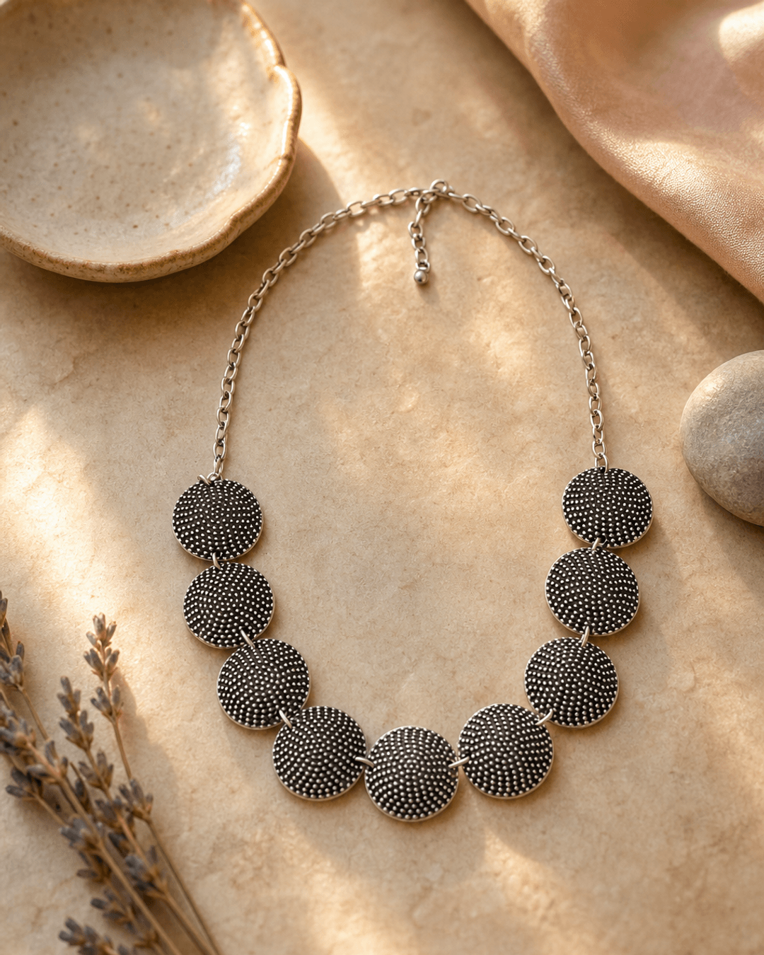 Textured Dome Disc Necklace — necklaces, vibey closeup lifestyle photo