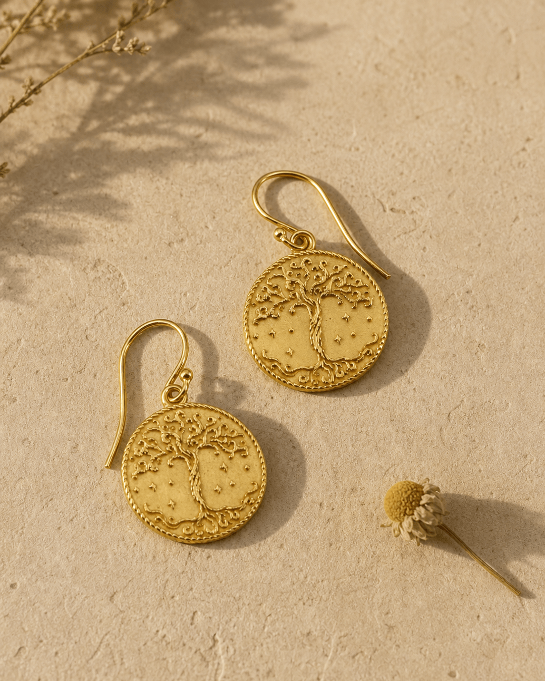Tree of Life Design Gold Plated Earrings — earrings, editorial plaster shadow lifestyle photo