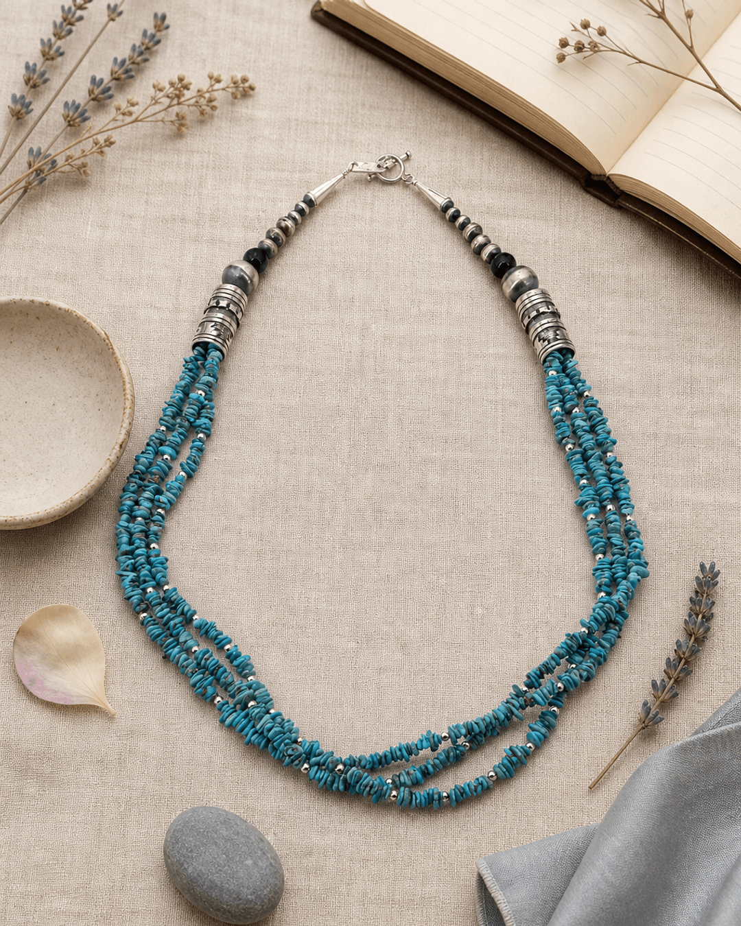 Triple-Strand Genuine Turquoise Chips and Sterling Silver Bead Necklace - Southwest-Inspired, Handcrafted in USA — necklaces, flatlay linen lifestyle photo