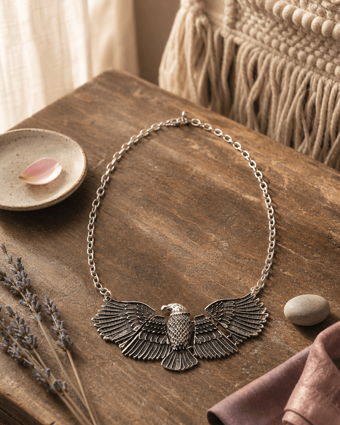 Wings of Power Eagle Necklace — necklaces, editorial wood lifestyle photo