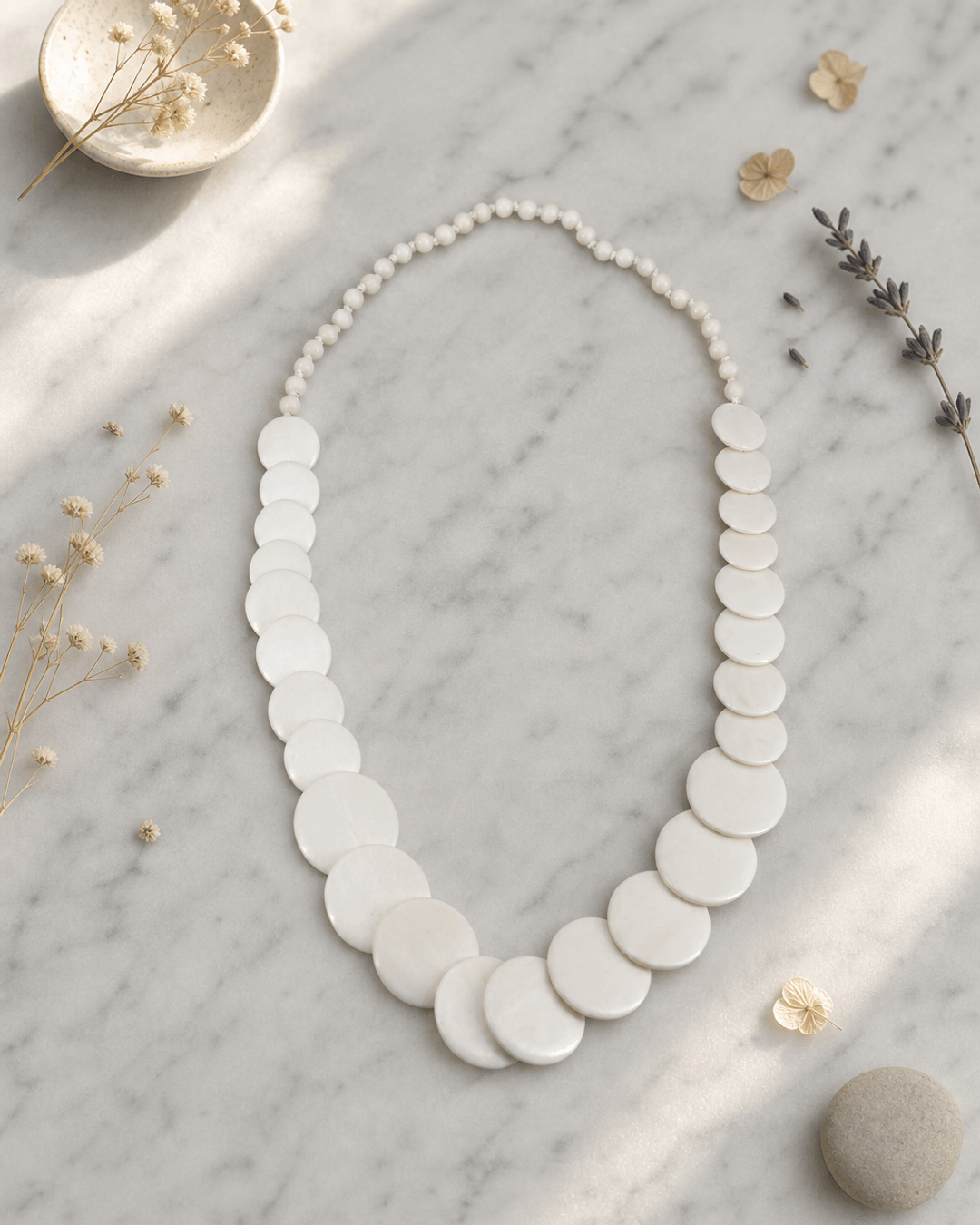 Wood Disk Cascade Necklace — necklaces, editorial marble lifestyle photo