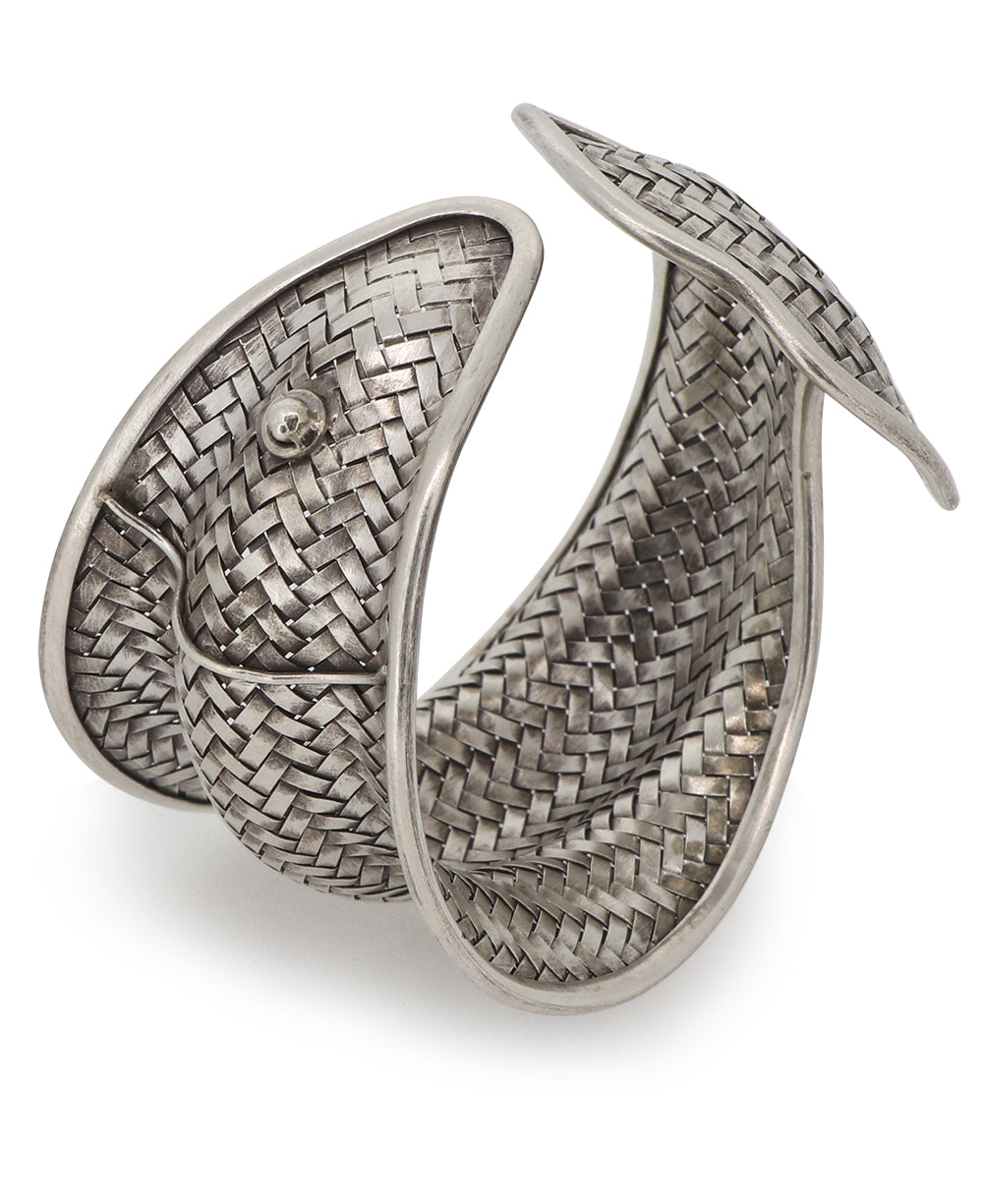 Laotian hill tribe silver adjustable cuff bracelet with fish design and weave texture