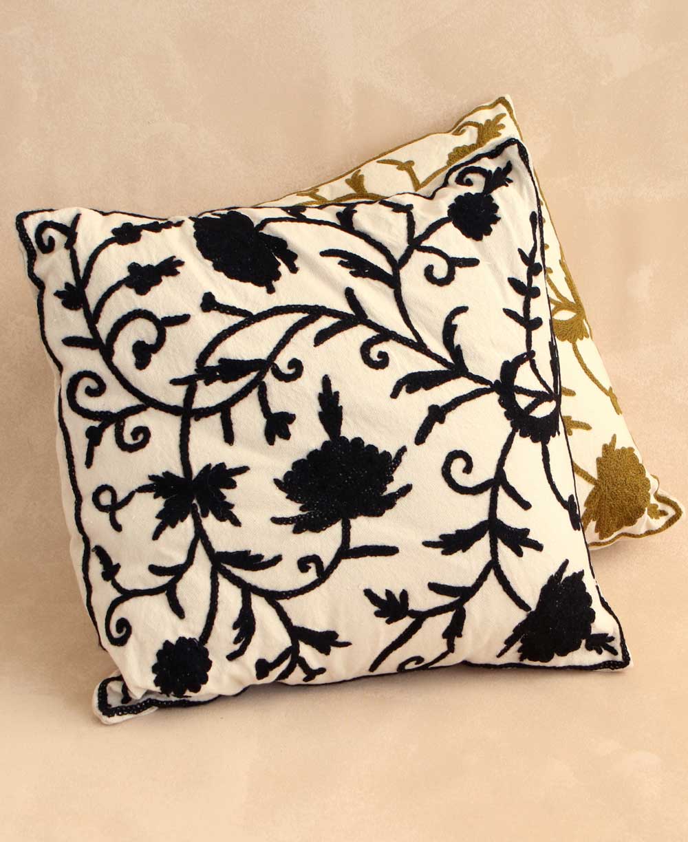 Cream Cotton Tufted Lumbar Pillow with Gold Embroidery