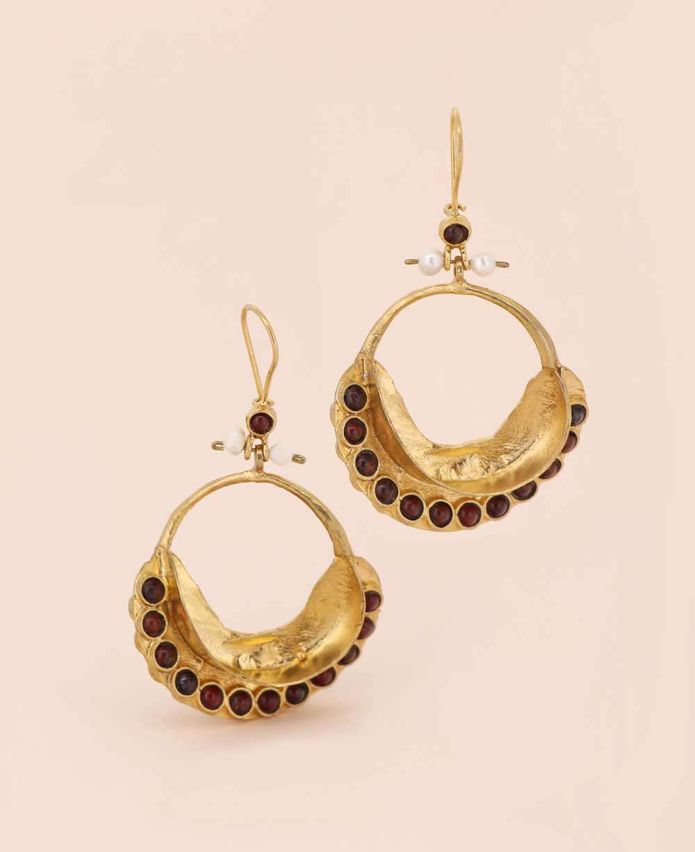 Red Agate Gold Plate Hoop Earrings, Made in Turkey