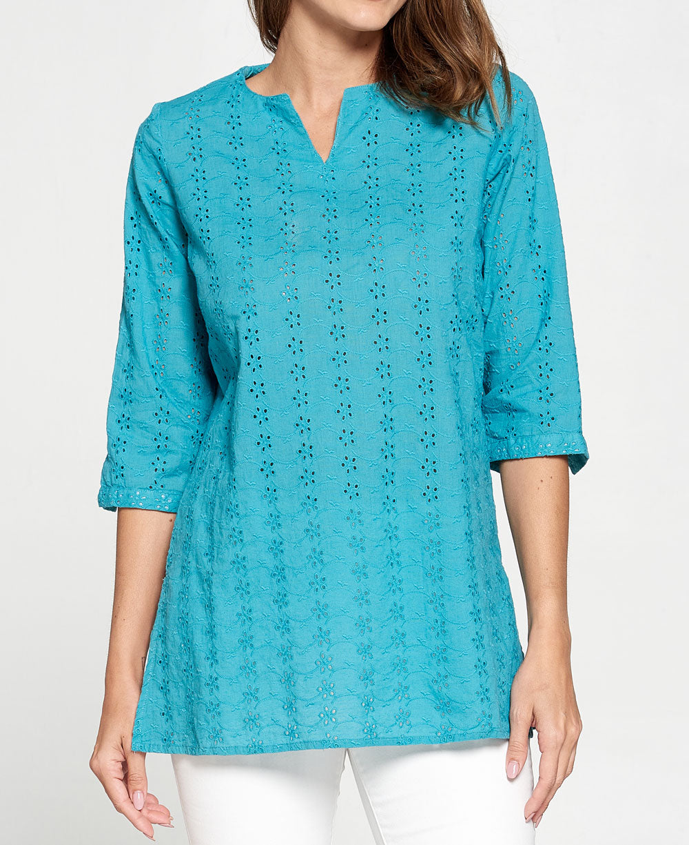 Embroidered Eyelet Turquoise Cotton Tunic Top – Cultural Elements