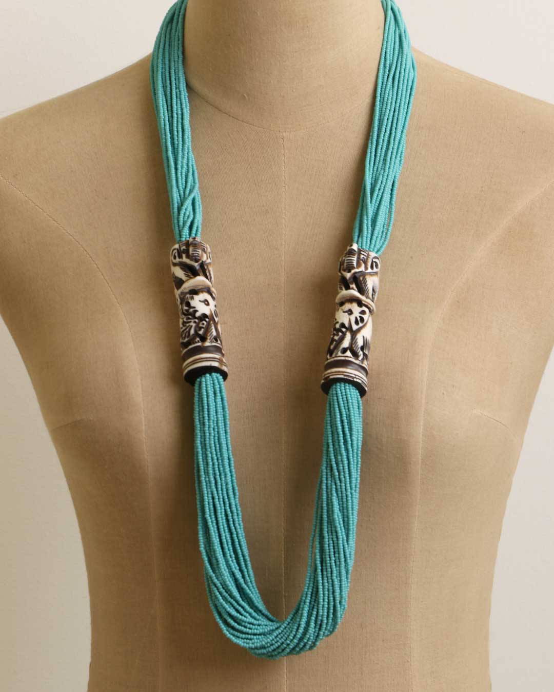 Elephant Carving Aqua Beaded Statement Necklace