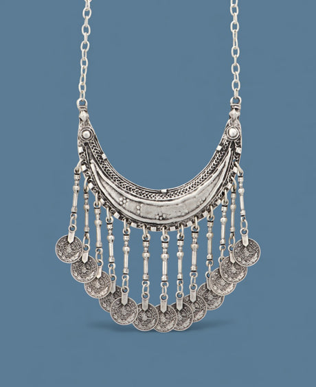 Turkish tribal crescent necklace with coins